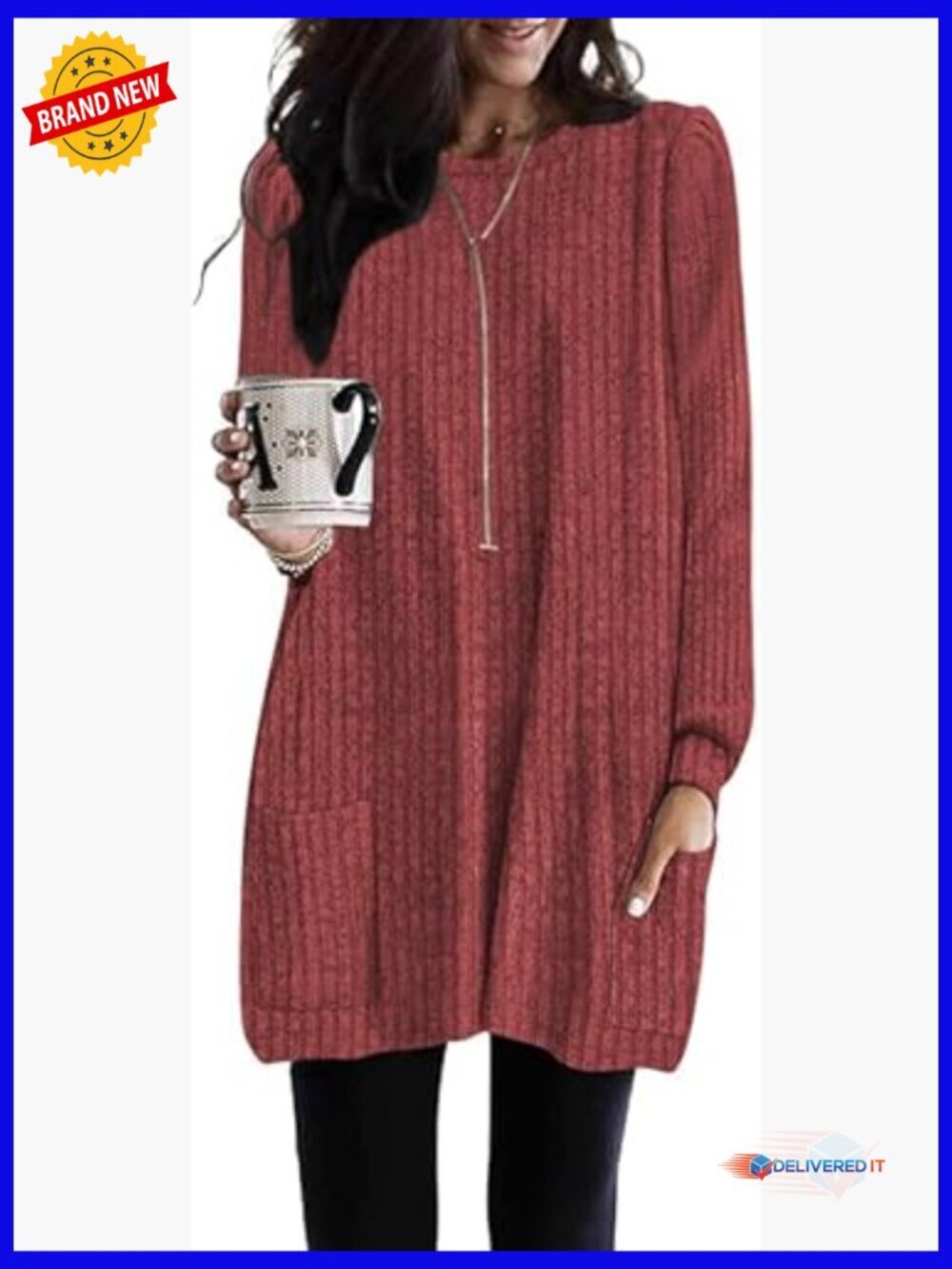 Long Sleeve Tunic Top with Pockets Loose Fit Crew Neck Sweater